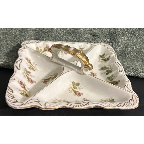 Norcrest Square Divided Rose Bud Gold Trim Serving Dish w Handle Marked - Picture 3 of 6